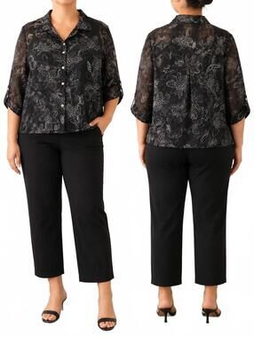 Choices Blouse Featuring A Black And Charcoal Floral Print With White Outlined F